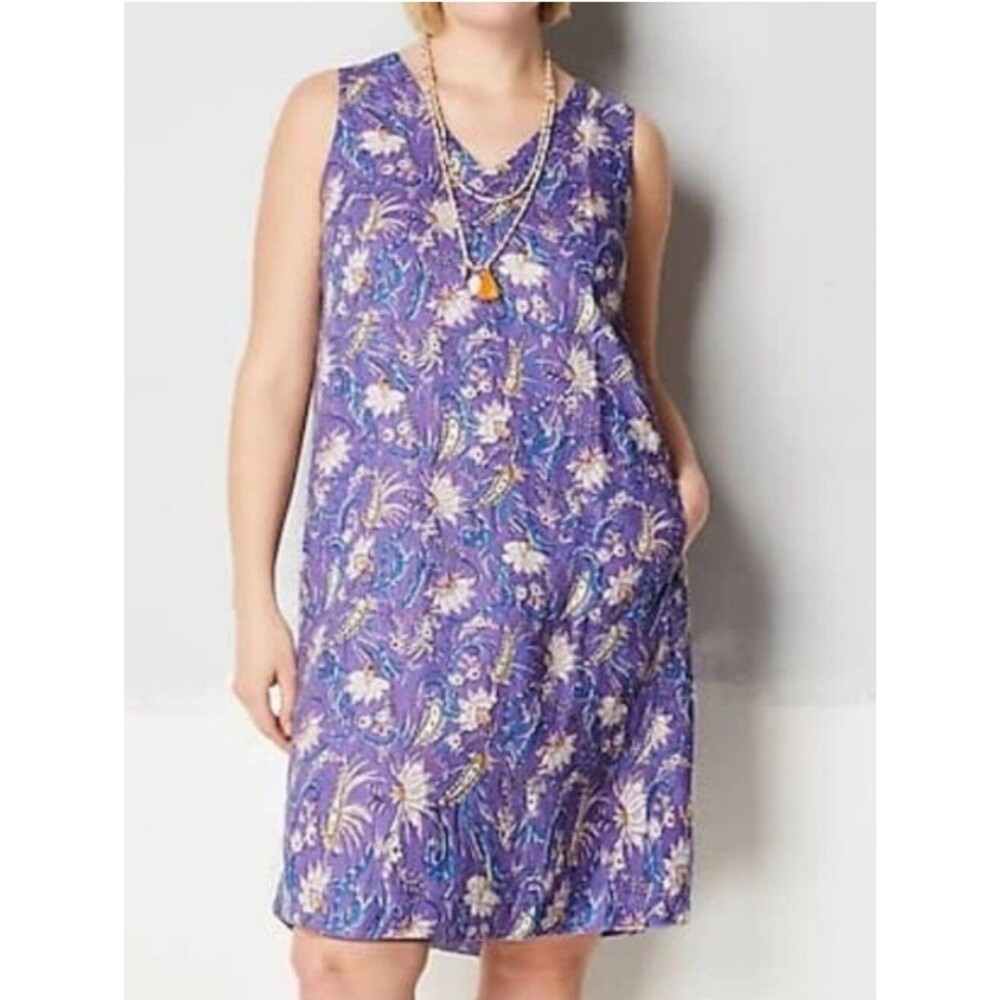 J. Jill Linen Dress XL Purple Floral Sleeveless Pockets Beach - Picture 7 of 7